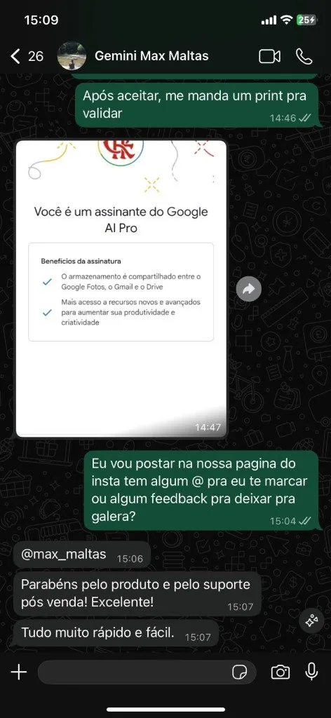 Feedback de Max Maltas elogiando pós venda do Google AI Pro